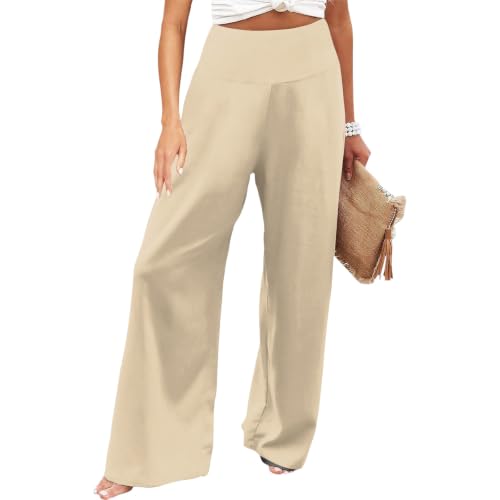 Women's Palazzo Lounge Wide Leg Casual High Waist Flowy Pants with Pockets - color: 01-beige, size: Medium