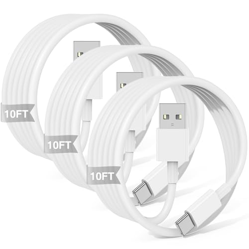 3-Pack 10FT Car Carplay Cable USB A to USB C Cable for iPhone 16 15 Pro Plus Pro Max，for iPad Pro/Air/Mini，for Samsung Galaxy S25/S24/S23，for MacBook Pro/Air and More - color: White, size: 10FT+10FT+10FT