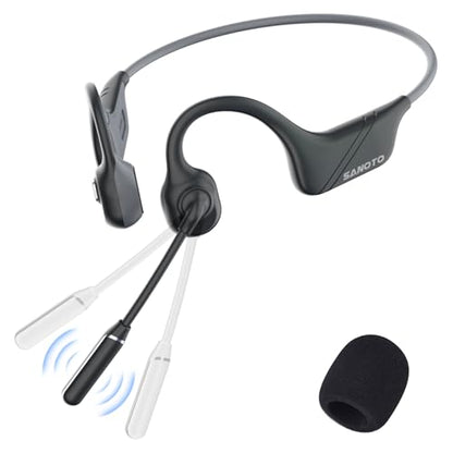 SANOTO Bone Conduction Headphones with Mic, Bluetooth Headset with Microphone Noise Canceling & Mute, Wireless Headset with Sponge Microphone Windscreen, Open Ear Headphones for Work Driving Call