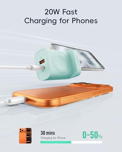 VRURC Charger for Apple Watch, Built-in Wireless Magnetic Charging Station for iWatch SE/11/10/9/8/7/6/5/4, PD 20W USB C Charging Block, Foldable Wall Charger Fast for iPhone 17/16/15/14/13-Green - color: Green