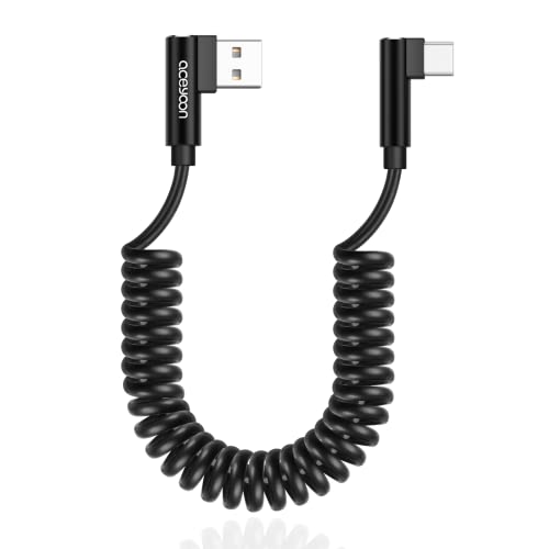 aceyoon USB to USB C Cable, 90 Degree Right Angled Coiled Fast Charging Cable QC 3.0 (1-2.5ft) 60W Short Android Auto USB C Charging Cable - color: 1 Pack