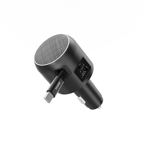 60W Retractable Car Charger, 3-Port USB-C Fast Charging Adapter - color: Black