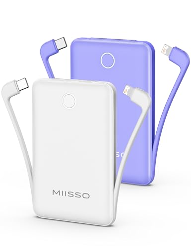 10000mAh Mini Portable Charger with Built in Cable, 2 Pack Purple & White - color: 2 Pack Purple & White
