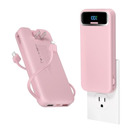 aonidi Portable Charger 12000mAh with Built-in Cables&AC Wall Plug, Pink - color: Pink