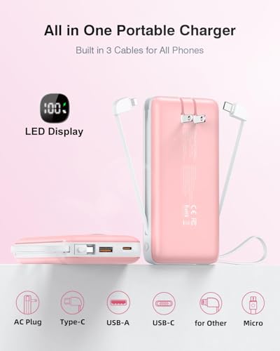 penaover Portable Charger with Built-in Cables&AC Wall Plug,5 Output 2 Input 20000mAh Power Bank,22.5W Fast Charging Battery Pack with LED Display,Compatible with iPhones,Android, Samsung etc,Pink - color: Pink