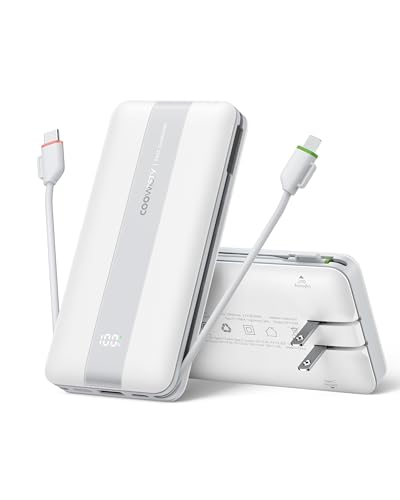 Fast Charging Power Bank, USB C Portable Charger Built-in Cables and Wall Plug, 10500mAh 22.5W 4 Outputs 3 Inputs LED Display External Battery Pack Compatible with iPhone/Android (White) - color: White