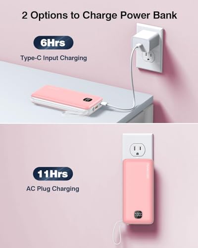 penaover Portable Charger with Built-in Cables&AC Wall Plug,5 Output 2 Input 20000mAh Power Bank,22.5W Fast Charging Battery Pack with LED Display,Compatible with iPhones,Android, Samsung etc,Pink - color: Pink