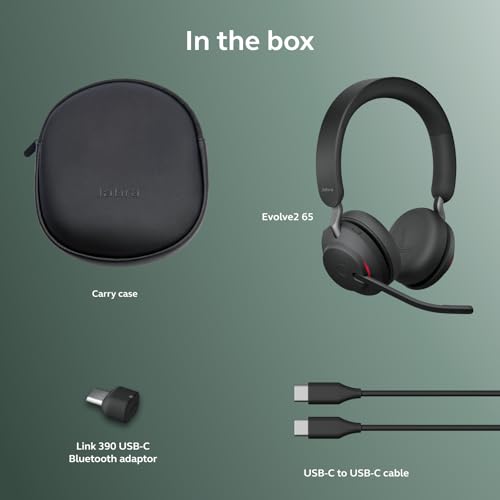 Jabra Evolve2 65 Bluetooth Wireless Headset with Mic for Calls and Music, Dual-Ear Headphones with USB-C Adapter, Up to 37 Hours Battery, Noise-Cancelling, Works with Microsoft Teams, Black (189) - size: USB-C Dongle, style: Teams Certified