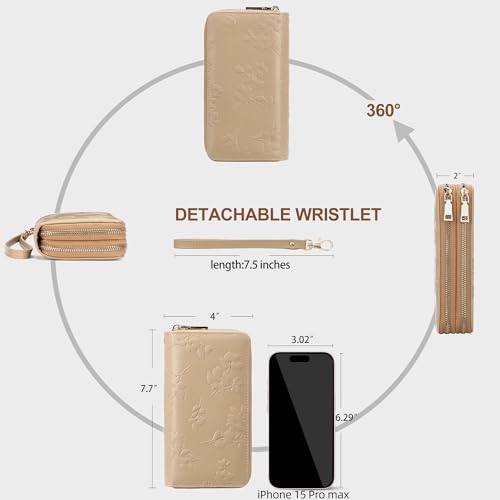 yiijay Womens Wallet RFID Blocking Large Capacity Vegan Leather Double Zip Wristlet Wallet Card Holder Travel Ladies Clutch - color: Khaki