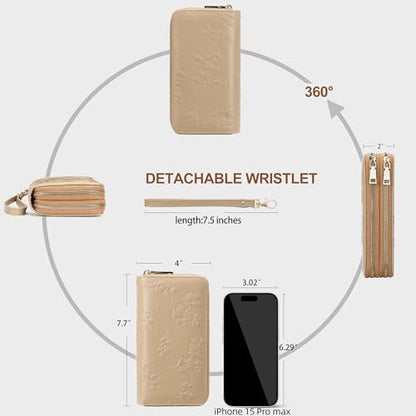 yiijay Womens Wallet RFID Blocking Large Capacity Vegan Leather Double Zip Wristlet Wallet Card Holder Travel Ladies Clutch - color: Khaki