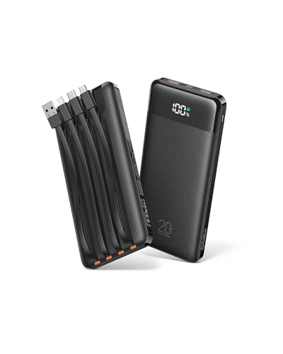 Orfeika 20000mAh Power Bank, Portable Charger with 4 Built-in Cables - color: Black