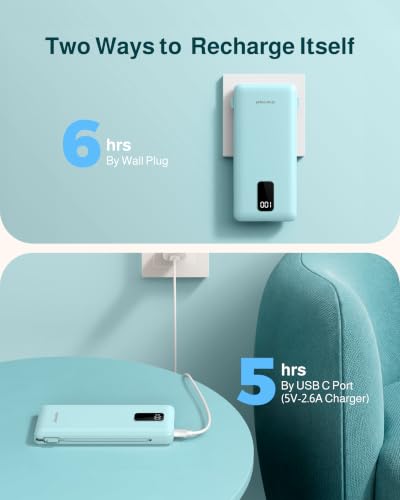 charmast 10000mAh Portable Charger with Built-in Cables and AC Wall Plug - color: Cyan