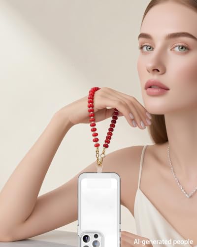 Marble Beaded Phone Wrist Strap for Women, Detachable Design - color: Orange Red