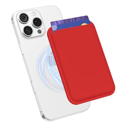 oakxco Magnetic Phone Wallet Stick On, Secure Phone Card Holder Silicone Compatible with Magsafe, Adhesive Pocket Sleeve ID Credit Card, Slim Thin Card Case, Compatible with iPhone Samsung, Red - color: Red