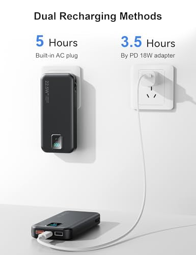 Portable Charger 12000mAh 22.5W w/Built-in Cable & Wall Plug Black - color: Black