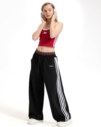 Women's Baggy Barrel Sweatpants, Double Waist Striped Wide Leg Pants - color: Black, size: Large