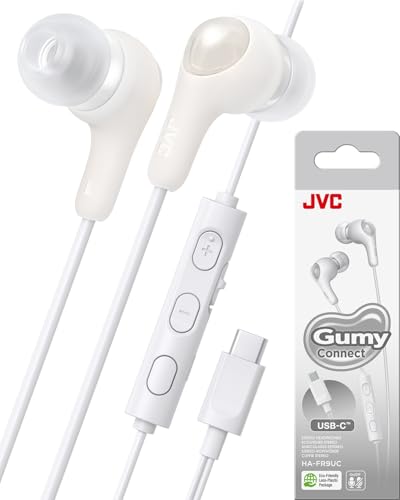 JVC Gumy Connect USB-C Wired Earbuds Headphones, Delay-Free for Videos and Gaming, Built-in DAC Reduces Noise and Improves Sound Quality, 9.2 mm Diameter Neodymium Drivers - HAFR9UCW (White) - color: White, size: USB-C Jack