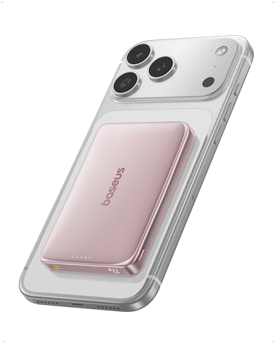 Baseus Picogo Power Bank, 0.5" Ultra Slim 10000mAh MagSafe Portable Charger, Upgraded CCC Certified 27W Fast Charging Magnetic Battery Pack, Alloy Wireless Charger for iPhone 17/16/15/14/13/12 - color: Polished Rose Pink