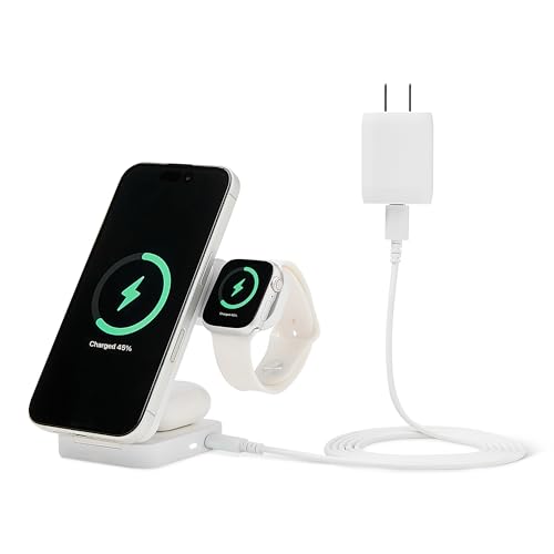 Amazon Basics MagSafe Compatible 25W Fast Charging Qi2.2 Certified 3-in-1 Wireless Charging Station, Foldable Stand for iPhone 17/16/15/14/13/12, Apple Watch, AirPods, with 45W Adapter, White - color: White