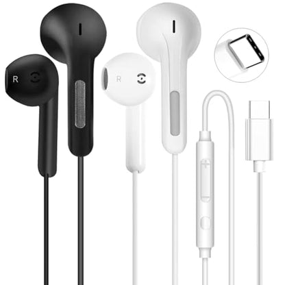 USB C Headphones for iPhone 17 16 15 Pro Max USB C Wired Earbuds with Mic - size: 2 Pack(USB C - White and Black)
