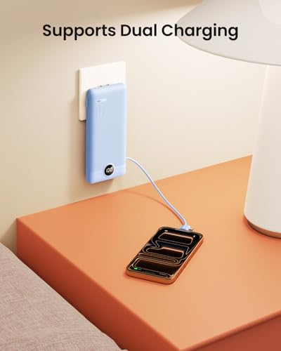 Portable Charger Built-in Cables and Wall Plug, 10000mAh Slim USB C Power Bank, LED Display External Battery Pack Compatible with iPhone/Android & More (Blue) - color: Blue