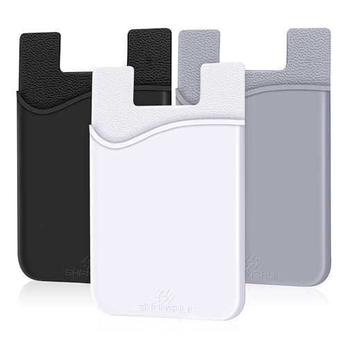 SHANSHUI Card Holder for Phone Case, 3 Pack Phone Wallet Stick on Silicone Credit Card Holder Pocket Pouch Compatible for iPhone, Android & Most Smartphones - color: Black, Whie, Grey