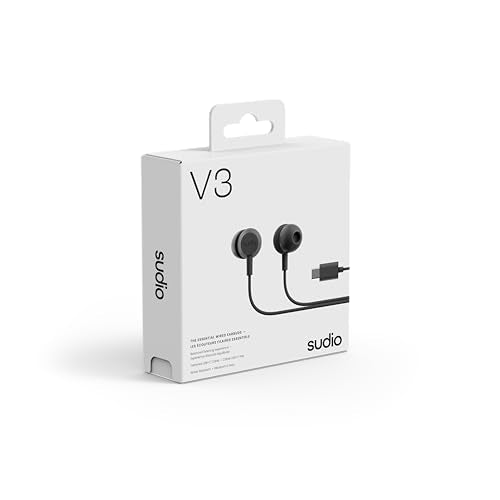 Sudio V3 Essential Wired Earbuds | in Ear Headphones with Cable and USB-C Connector | Tangle-Resistant Braided Cable | Built-in Microphone | IPX4 Water Resistant | No Charging Needed | (Black) - color: Black