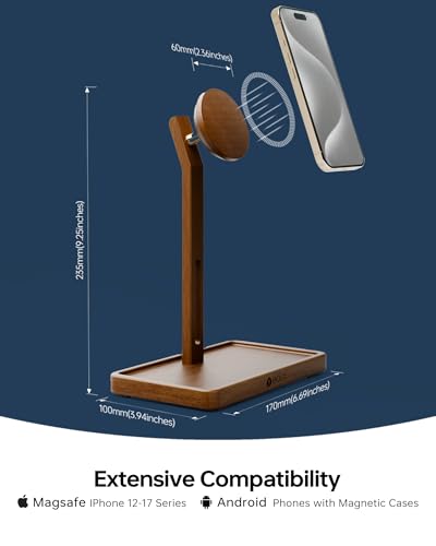 YEOUX Premium Magnetic Phone Holder for Desk | Solid Walnut Wood | 360° Free Adjustable | MagSafe Compatible, for iPhone 17 16 15 14, Stylish Desk Accessory