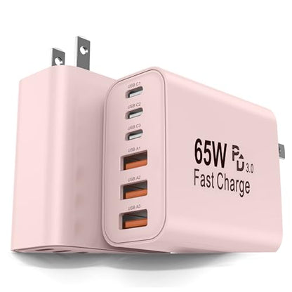 2-Pack 65W USB C Charger Block, 6-Port Fast Wall Charging Block [3 PD USB-C & 3 QC USB-A] for iPhone 17 16 15 Pro Max, iPad Pro, Galaxy S26 S25, Pixel 10 9, iWatch,Google & More - color: Pink