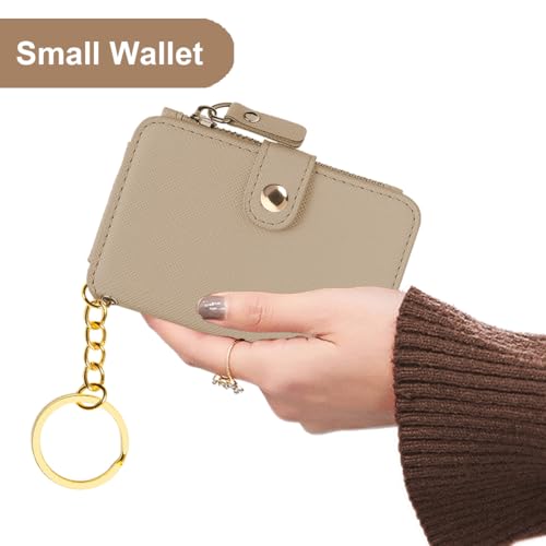 M-Plateau RFID Blocking Keychain Wallet With Leather Wrist Strap | Keychain Wristlet, Womens Card Holder with Zipper Coin Pocket and ID Window - color: Khaki