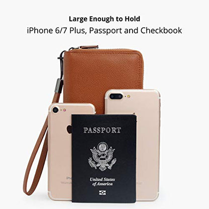 Bveyzi Women RFID Blocking Wallet Leather Zip Around Phone Clutch Large Capacity Ladies Travel Purse Wristlet - color: Brown