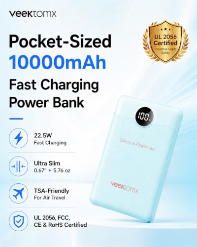 VEEKTOMX 10000mAh Mini Power Bank, 22.5W Fast Charger for iPhone Android - color: Blue