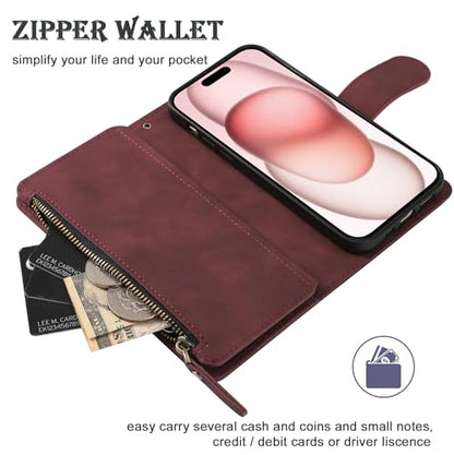RANYOK Wallet Case for iPhone 15 (6.1 inch) with RFID Blocking Credit Card Holder, Premium PU Leather [Zipper Pocket] Flip Folio Case Wallet with Wrist Strap Kickstand Protective (Wine Red) - color: Wine Red