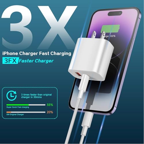 Fast Charger for iPhone,Dual Port A/C Apple iPhone Charger Fast Charging Block,2Pack Quick Double A/C iPhones Wall Chargers Adapter,6FT USB C to Lightning Cable for iPhone14 ProMax/13/12/11/XS/XR/iPad - size: 6FT
