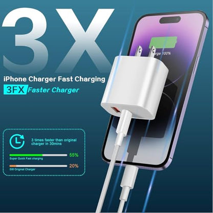 Fast Charger for iPhone,Dual Port A/C Apple iPhone Charger Fast Charging Block,2Pack Quick Double A/C iPhones Wall Chargers Adapter,6FT USB C to Lightning Cable for iPhone14 ProMax/13/12/11/XS/XR/iPad - size: 6FT