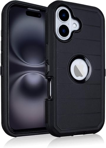 for Defender iPhone 16 Case Silicone,Heavy Duty Rugged Full-Body, Black | 3 Layers of Sturdy,Anti-Drop,Cover for iPhone 16 Case - color: Black