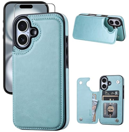 Wallet Case Compatible with iPhone 16 6.1", Slim Protective Case with Card Holder,Premium PU Leather Kickstand Card Slots Case with Double Magnetic Clasp-Ice Blue - color: Iceblue, size: iphone 16 6.1"
