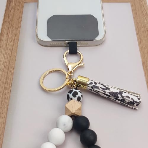 Phone Lanyard Silicone Beaded Phone Wrist Strap Cute Elastic Cell Phone Wristlet Chain Bracelet with 2 Tether Tab - color: Black