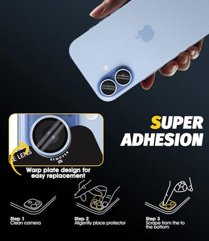 Orzero (3 Sets) Camera Lens Protector Compatible for iPhone 17 6.3"/16 6.1”/16 Plus 6.7“, Protector de Cámera One-Step Installation Tray Individual Metal Ring Glass Cover Case Friendly - Light Blue
