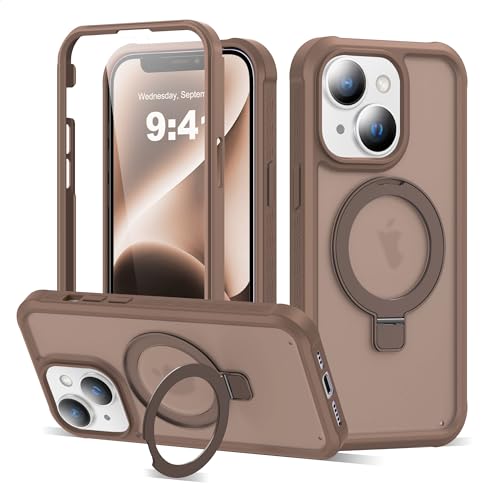 Compatible with iPhone 14 Plus Case with Magnetic Ring Stand [Compatible with Mag-Safe] [Built-in Screen Protector] Military-Grade Drop Protection Matte Translucent Phone Case, Desert Brown - color: Desert Brown, size: Iphone 14 Plus