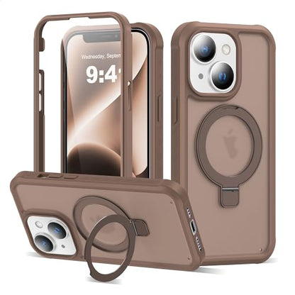 Compatible with iPhone 14 Plus Case with Magnetic Ring Stand [Compatible with Mag-Safe] [Built-in Screen Protector] Military-Grade Drop Protection Matte Translucent Phone Case, Desert Brown - color: Desert Brown, size: Iphone 14 Plus