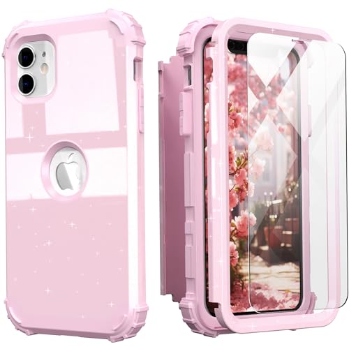 IDweel for iPhone 11 Case with Screen Protector(Tempered Glass), Hybrid 3 in 1 Shockproof Slim Fit Heavy Duty Protection Hard PC Cover Soft Silicone Bumper Full Body Case,Glitter Pink - color: Glitter Pink