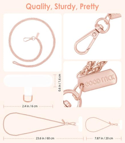 MoKo Metal Phone Crossbody Chain Lanyard with Wrist Strap and 2 Patches - color: Pale Rose Gold