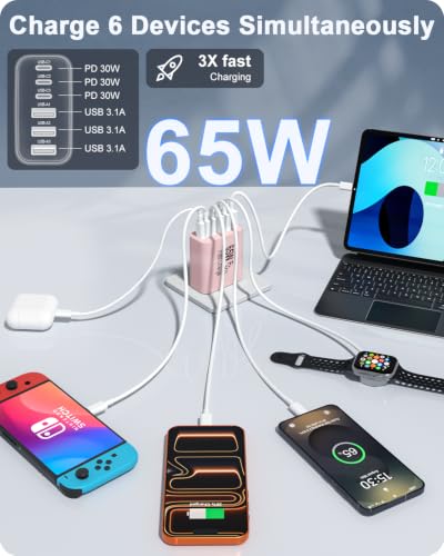 2-Pack 65W USB C Charger Block, 6-Port Fast Wall Charging Block [3 PD USB-C & 3 QC USB-A] for iPhone 17 16 15 Pro Max, iPad Pro, Galaxy S26 S25, Pixel 10 9, iWatch,Google & More - color: Pink
