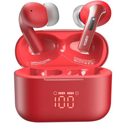 TOZO T20 Wireless Earbuds 97H Playtime, Wireless Charging LED Display Case - color: Red