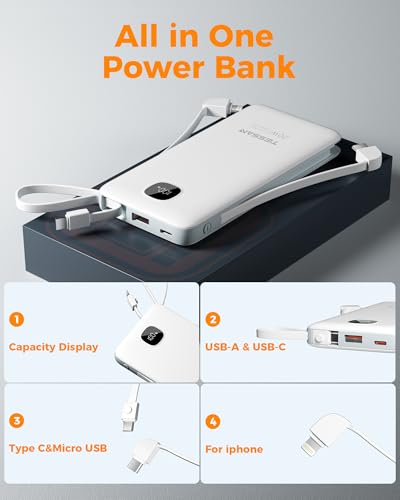 TESSAN Portable Charger with Built in Cables, 10000mAh Power Bank Wall Plug - color: White