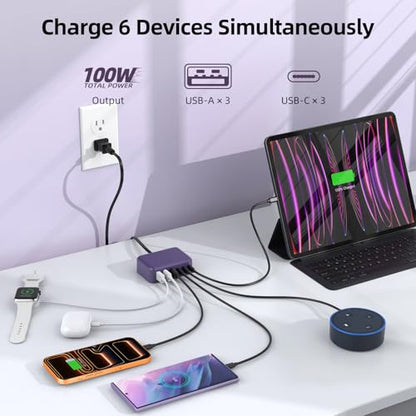 100W 6 in 1 USB Charger, 50% Smaller Charging Station for Multiple Devices - color: E-Purple