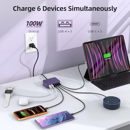 100W 6 in 1 USB Charger, 50% Smaller Charging Station for Multiple Devices - color: E-Purple
