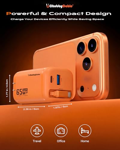 ChubbyCable 65W GaN Wall Charger with Retractable USB C Cable, Orange