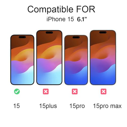 6.1 Inch [3 Pack] Tempered Glass Screen Protectors are compatible with iPhones 15 models. They are scratch resistance and bubble-free with a 9H hardness rating.